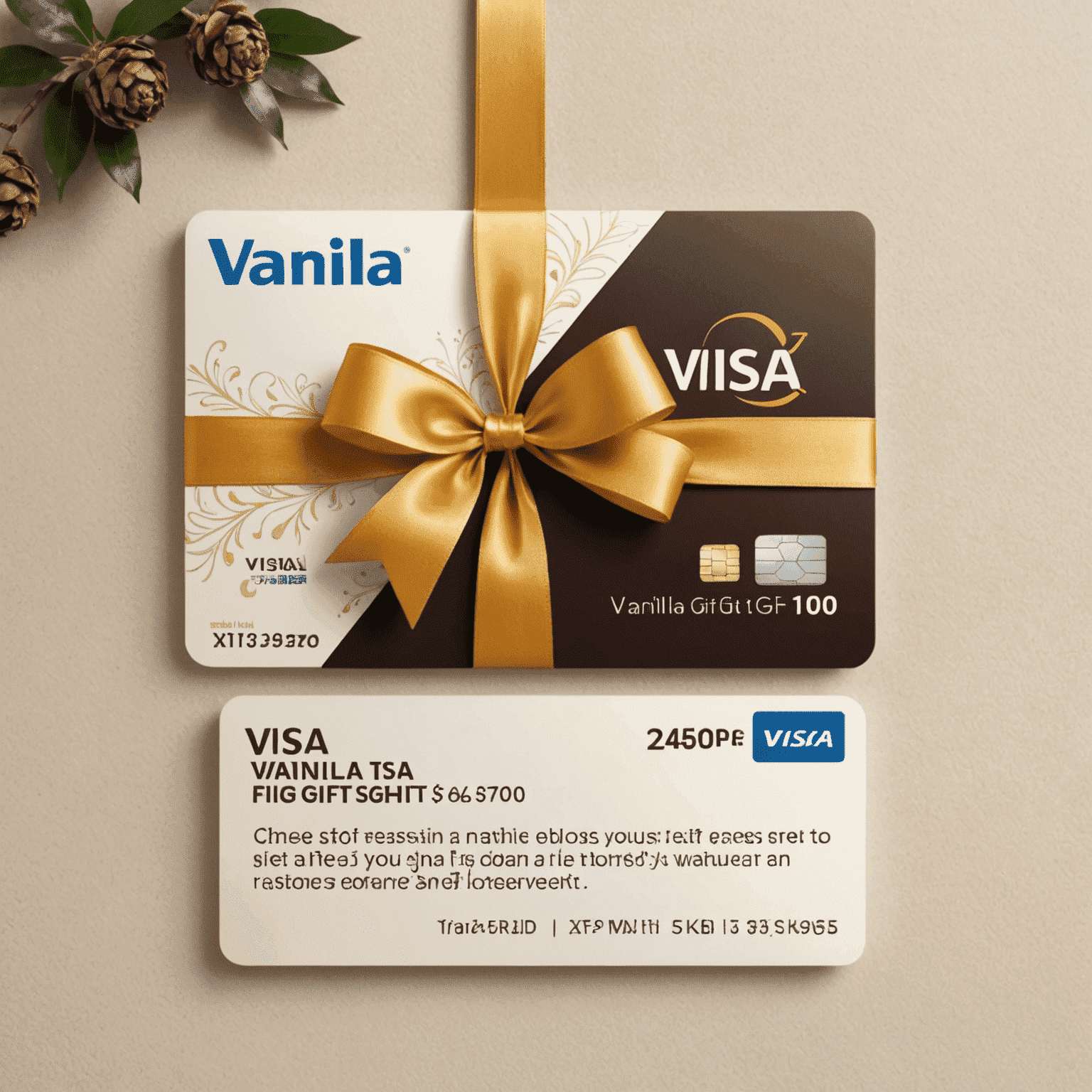 A Vanilla Visa Gift Card displayed prominently, showcasing its sleek design with red and pink accents. The card features the Vanilla Gift logo and Visa logo, emphasizing its versatility and wide acceptance.