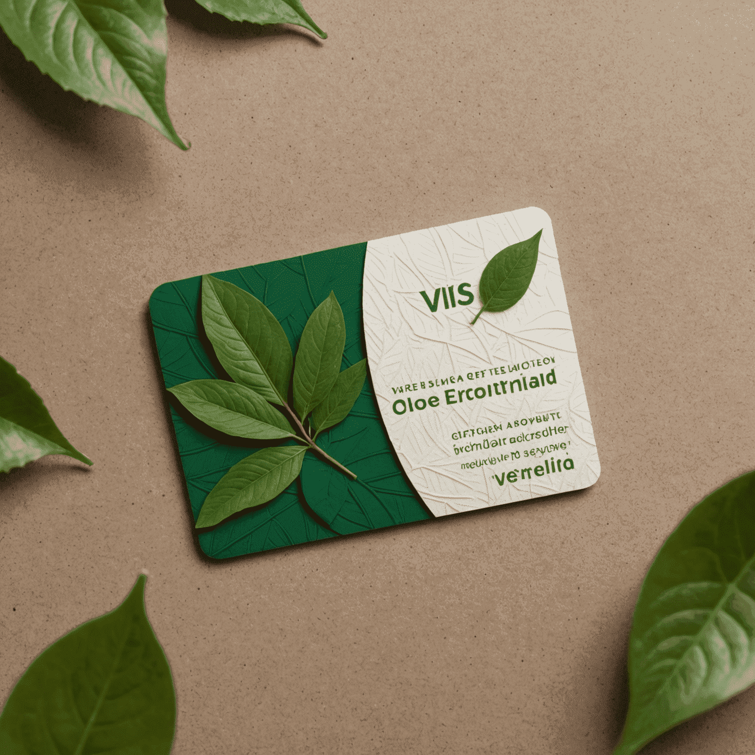 Close-up of a Vanilla Gift eco-friendly Visa Gift Card made from recycled materials, with a leaf pattern embossed on its surface