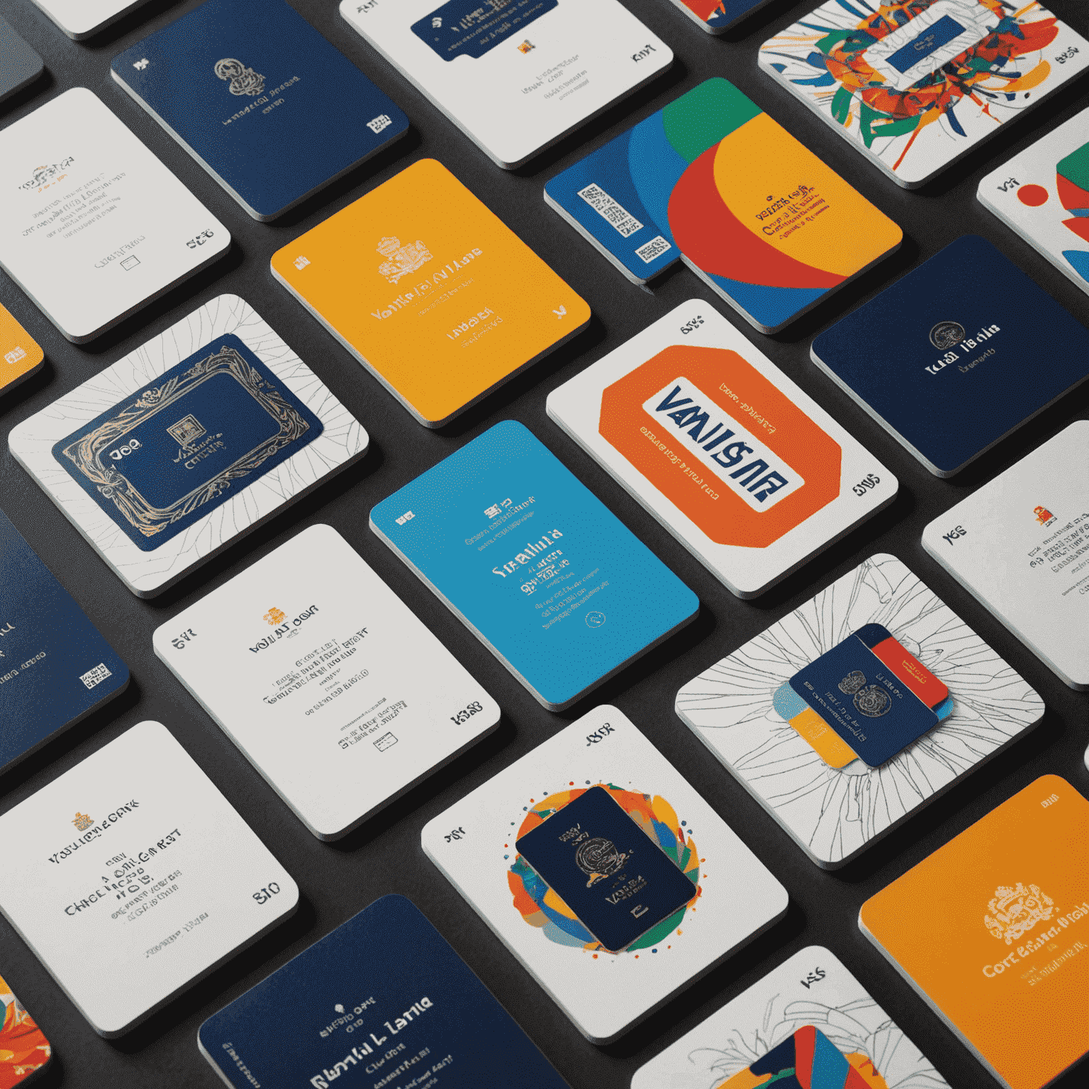 A showcase of limited edition Vanilla Gift Visa Cards featuring artistic designs from collaborations with famous artists, displayed in a gallery-like setting